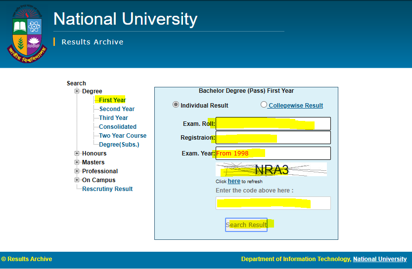 Degree First year result Online