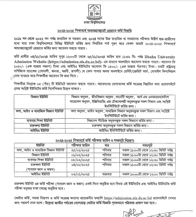 Dhaka University Admission Circular 2024-25